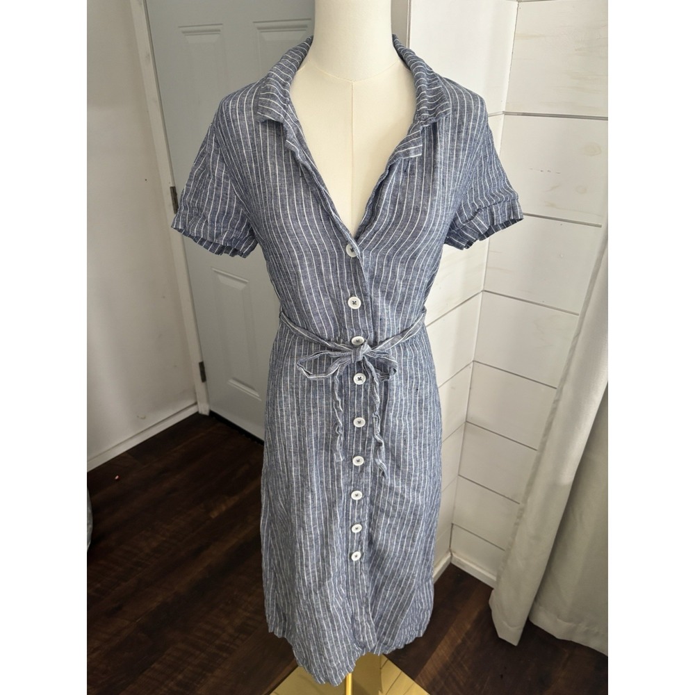 Quince Dress Womens Small Blue Striped Linen Button Collared Belted Midi Shirt - Picture 4 of 10